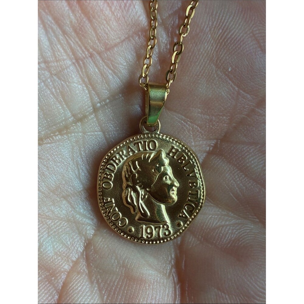 NEW Ancient Roman style Goddess Libertas Swiss coin unisex necklace in goldtone